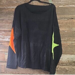 Black Sweater with Orange and Green Star Elbow Patches